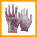 13Gauge Flower Printed Polyester PU Gloves/Hand Safety Garden Work Wear Gloves/Lady Womens PU Garden Gloves